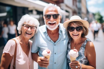 Three senior friends in the city, eating ice cream on a hot summer day.