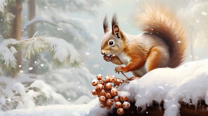 Obraz na płótnie Canvas A charming red squirrel nibbling on a snow-covered pinecone, adding a splash of color to the winter woods.