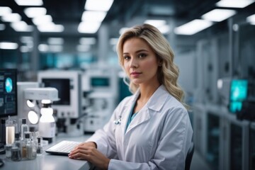 Female blonde woman docto microbiologists or scientists conduct research, experiments, and analyses in a modern medical laboratory. Evolution, science, pandemic, health, technology concepts.