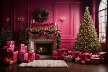 Fototapeta na wymiar Christmas in a warm and cozy home. The purple living room is beautifully decorated with Christmas trees, garlands and gifts, radiating festive cheer and creating the perfect atmosphere for Christmas.