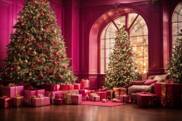 Fototapeta premium Christmas in a warm and cozy home. The purple living room is beautifully decorated with Christmas trees, garlands and gifts, radiating festive cheer and creating the perfect atmosphere for Christmas.