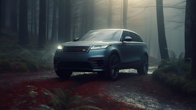 Munich, Germany - Autumn 2021: Range Rover in the forest