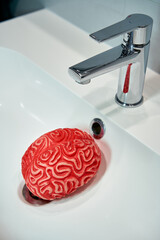 Depiction of the Brainwashing Concept with a Red Rubber Brain under a Sink Faucet.