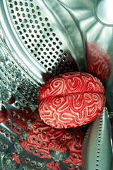 Red Rubber Human Brain Inside a Washing Machine, Brainwashing Concept.
