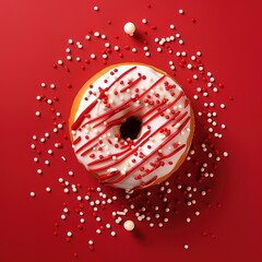 donut with red and white sprinkles on a red background