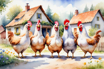 Tier Illustrationen auf einem idyllischen Bauernhof, generated image - obrazy, fototapety, plakaty