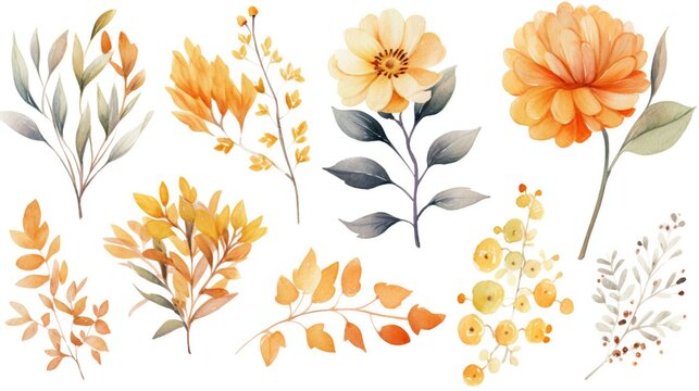 Watercolor autumn set of leaves, branches, flowers and pumpkins set