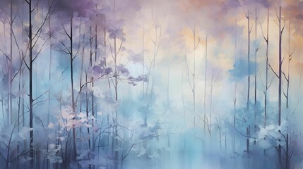 AI generated illustration of an oil painting depicting a wintry forest scene - obrazy, fototapety, plakaty