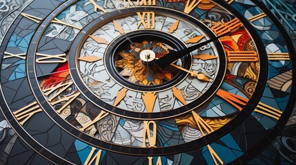 A close-up of a meticulously designed, geometric clock face with intricate hands and markers