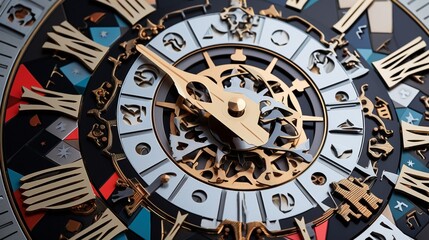 A close-up of a meticulously designed, geometric clock face with intricate hands and markers