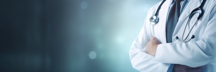 male doctor in white coat standing with arms folded medical healthcare panorama background
