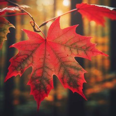 Fototapeta premium Detaching from a branch with other green and yellow leaves, against a blurred background of a forest.