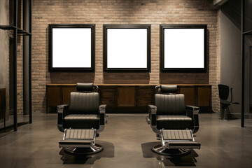 Barber Shop Seating. Contemporary Chairs for a Sleek and Professional Grooming Experience. Three paintings mockups