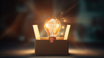 Think outside the box background with light bulb and box. Finding solution, idea, business concept - obrazy, fototapety, plakaty