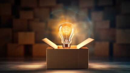 Think outside the box background with light bulb and box. Finding solution, idea, business concept - obrazy, fototapety, plakaty