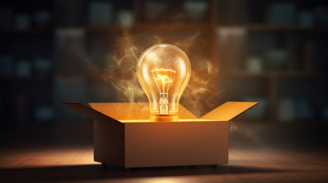 Think outside the box background with light bulb and box. Finding solution, idea, business concept