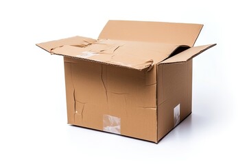 Damaged Box Isolated, Craft Paper Delivery Package, Broken Carton Packaging, Crumpled Cardboard Box