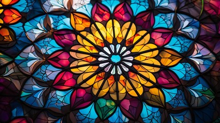A detailed shot of a colorful stained glass window with a kaleidoscope of shapes and colors