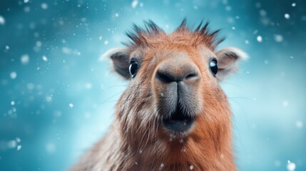  a close up of a goat's face with snow flakes on it's fur and it's nose looking at the camera with a blue sky in the background.
