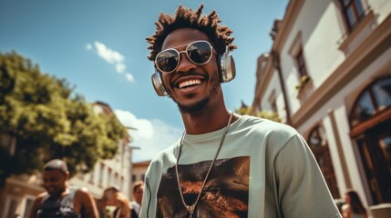 African man enjoys music playlist during summer vacation in the city.