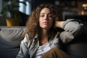 Young woman lying on couch and thinking about something at home,