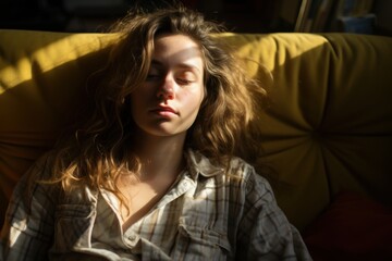 Young woman lying on couch and thinking about something at home,