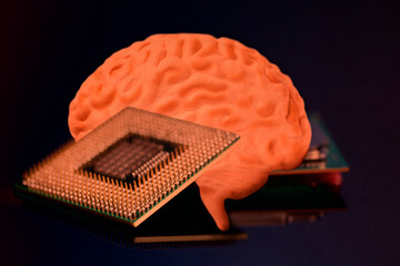 Human brain anatomical model with CPU processor microchip