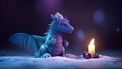 Funny cute blue dragon with candle for winter holidays and 2024 lunar New Year celebration. Generated AI