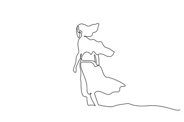 woman alone nature walking outside weather windy hair waving one line art design