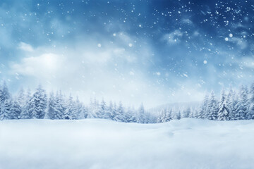 Winter landscape with snowy fir trees and falling snow. Christmas background.