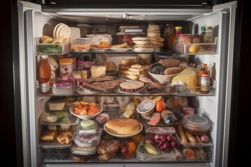 A fridge packed with unhealthy junk food, portraying the concept of poor eating habits, diet deviation, and obesity risk.