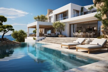 Fototapeta premium Beautiful landscape with swimming pool terrace on summer hotel resort. Luxury modern vacation home with a swimming pool. Sunbeds, relaxing vacation Mediterranean
