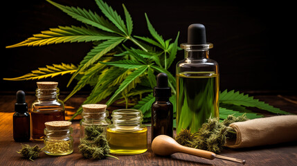 Cannabis CBD oil extracts in jars herb and leaves. Concept medical marijuana in flask - obrazy, fototapety, plakaty