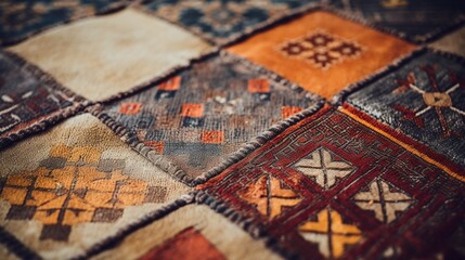 A macro shot of a well-worn, geometric patterned carpet with vibrant, repeating motifs