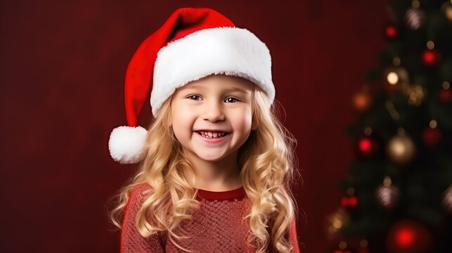 Cute smiling european girl wearing santa hat dark red background copy space