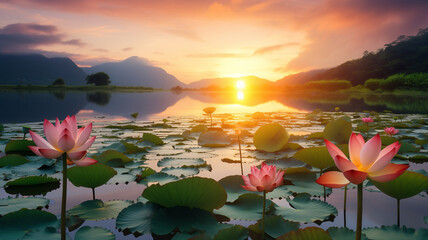 Landscape sunset on lake with beautiful pink lotus flowers, concept Vesak day - obrazy, fototapety, plakaty