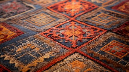 A macro shot of a well-worn, geometric patterned carpet with vibrant, repeating motifs