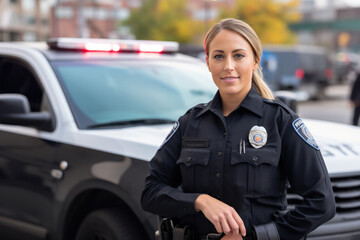 Female police officer posing against police car with flashing lights