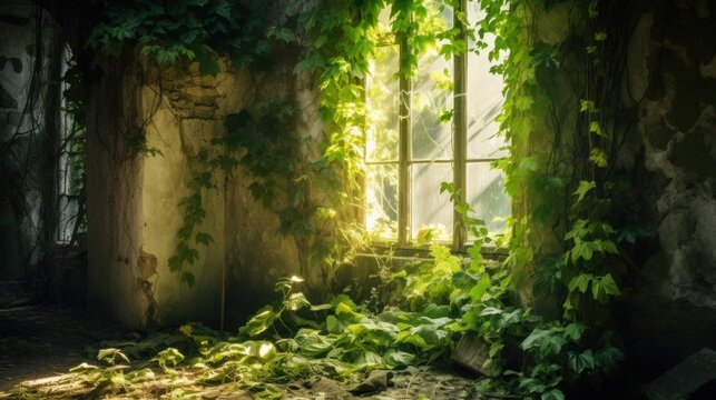  an old building with ivy growing on the walls and a window in the middle The ivy is lush and green, winding its way up the wall and into the window, creating a bea