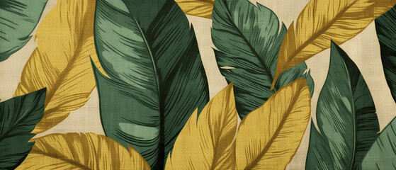 green and yellow tropical leaves pattern on burlap fabric background, made with Generative AI