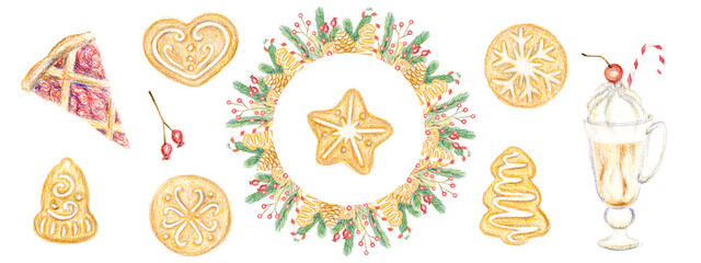 Set of Christmas Gingerbread Cookies. Colored Pensils illustration New Years Decoration