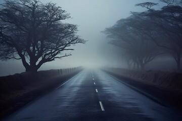 Road in a misty landscape with trees and fog in the background