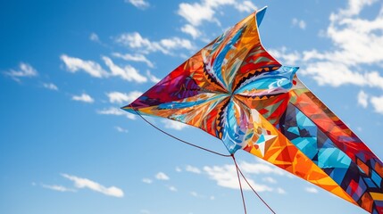 A close-up of a vibrant, geometric kite with intricate patterns catching the wind