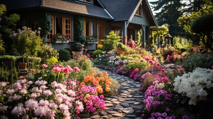 A backyard garden filled with blooming flowers