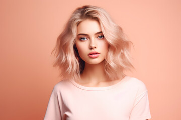 Fototapeta premium Radiant Beauty Against a Soft Peach Canvas