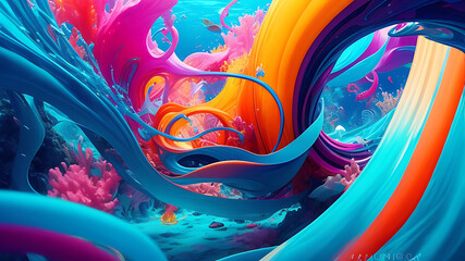 Vibrant colors swirling in futuristic underwater chaos.