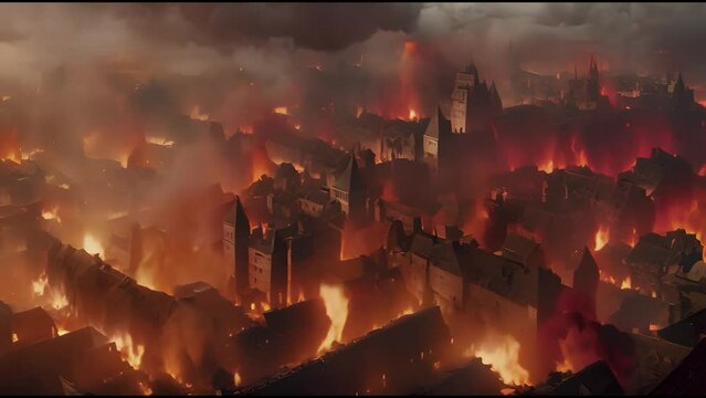 A medieval city in flames - Burning medieval city - AIA Generated Video