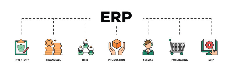 ERP infographic icon flow process which consists of inventory, financials, hrm, production, service, purchasing, and mrp icon live stroke and easy to edit .