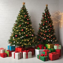 Obraz na płótnie Canvas christmas tree and decorations, christmas wreath with ribbon, merry christmas card, christmas tree with gifts and decorations, christmas tree with presents