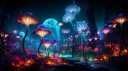 A surreal garden of neon flowers, their vibrant colors and bioluminescence creating an otherworldly scene